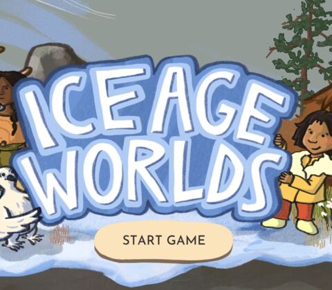 Home screen of the game, left and right to the words Ice Age Worlds are drawings of people and animals