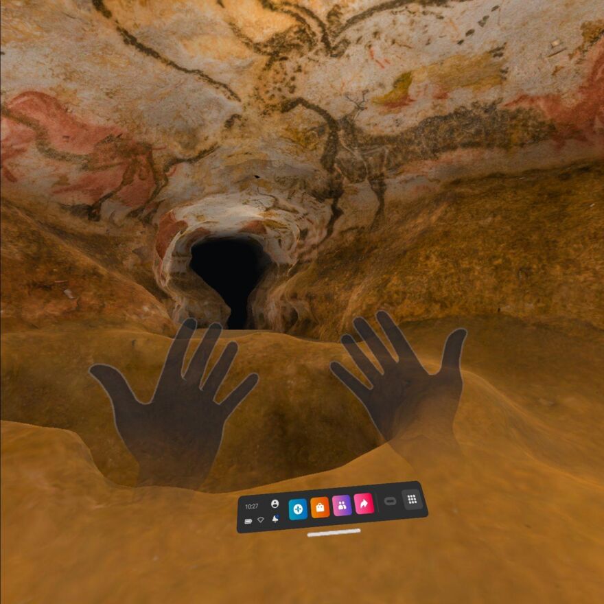 Screenshot from inside the VR glasses showing part of the Lascaux cave as well as the virtual controller panel