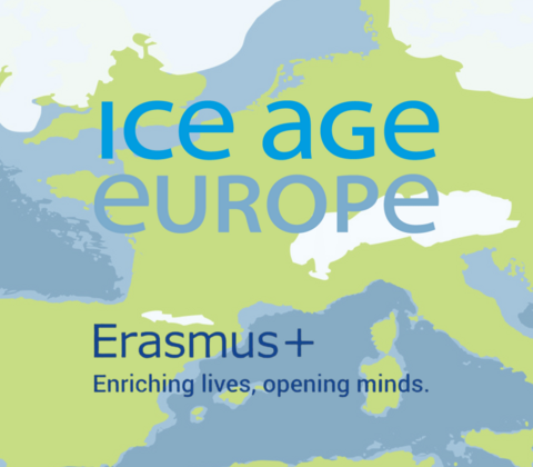 Logos of Ice Age Europe and Erasmus+ on top of a map of Europe