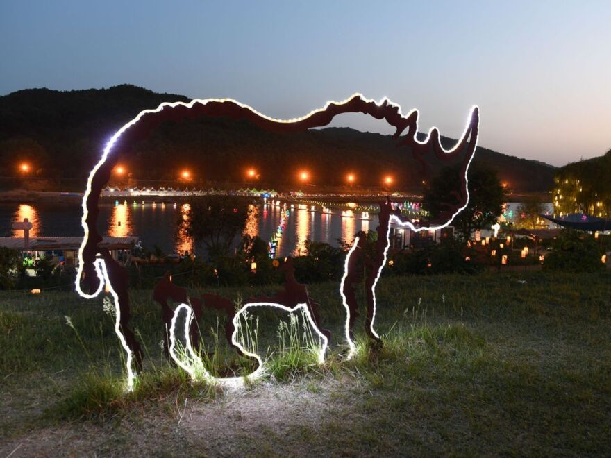 Glowing shape of a life-size rhinozerus at night outside in the museum park