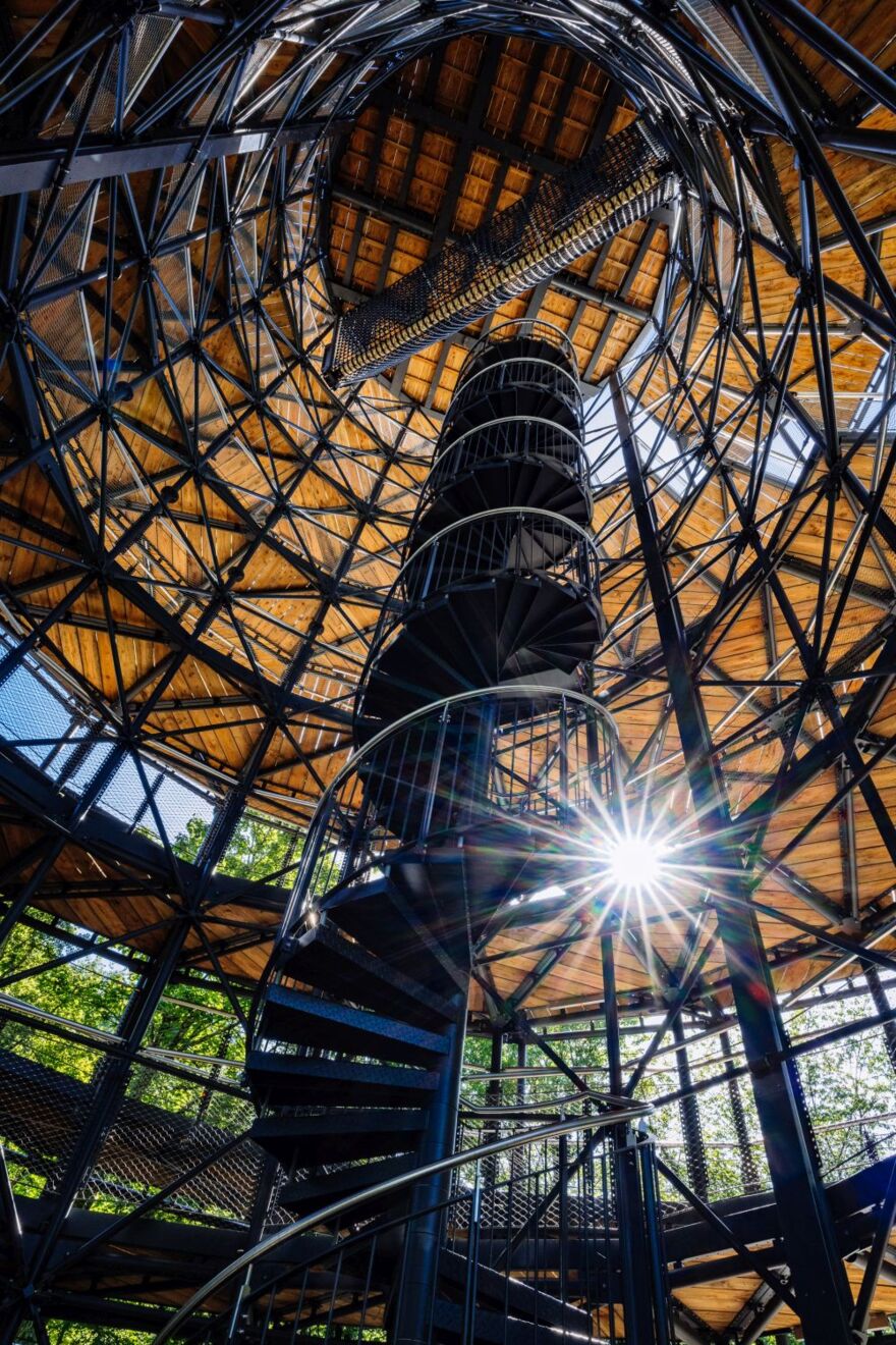 A view up the tower from the inside with the winding path