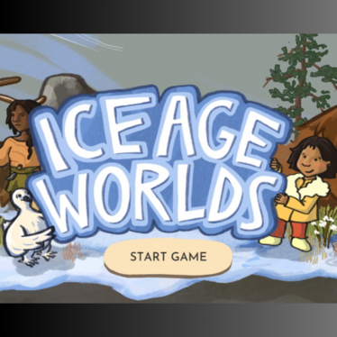 Home screen of the game, left and right to the words Ice Age Worlds are drawings of people and animals