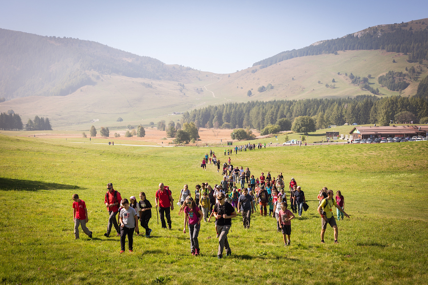A large group of people walking uphill in an alpine setting