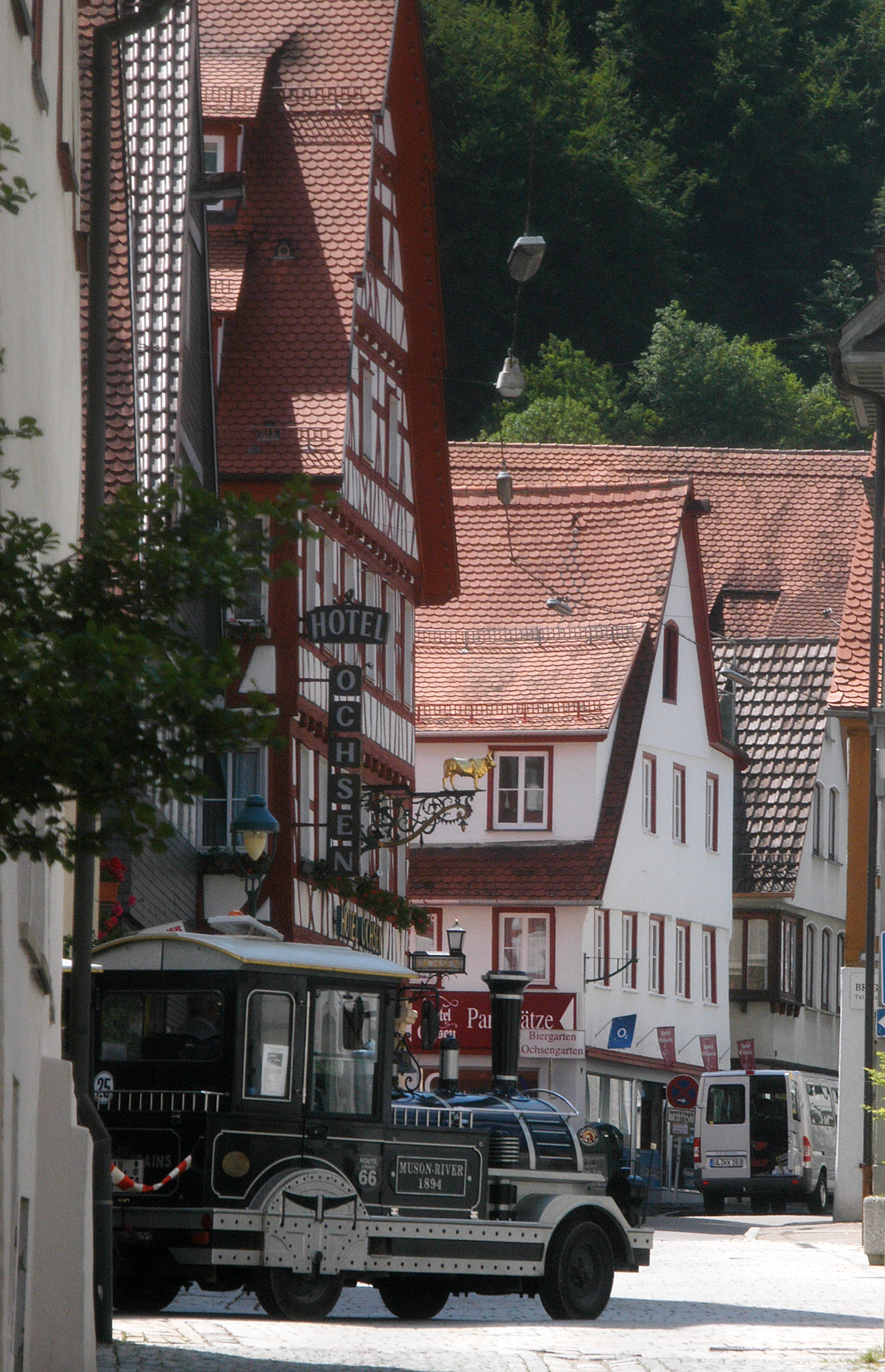 View of Marktstraße street in Blaubeuren with timbered houses